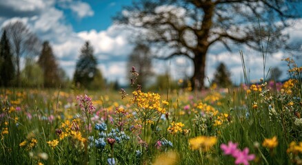 Obraz premium A vibrant meadow bursts with colorful wildflowers under a bright blue sky, framed by a large tree and distant hills, creating a picturesque springtime scene.