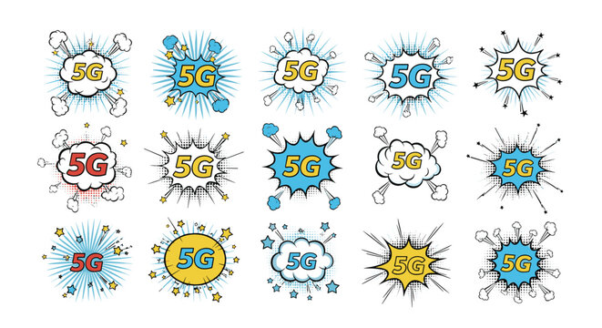 Set of diverse 5G mobile network icons in colorful comic book styles with speech bubbles and explosive sunburst effects for technology.