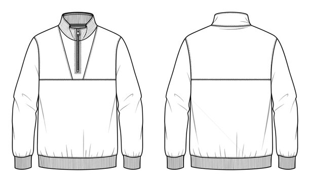 Fashion flat sketch of a quarterzip pullover sweatshirt with standcollar, ribbed cuffs, and hem, ideal for activewear, sportswear, and casual apparel design presentations and technical
