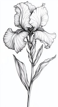 detailed monochrome botanical drawing of a single ruffled iris with tall stem and long leaves, elegant and serene