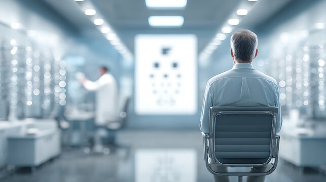 modern ophthalmology clinic, patient sitting in exam chair facing blurred eye chart, optometrist guiding vision test