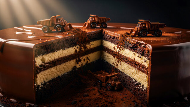 This unique and delicious chocolate layer cake, adorned with miniature construction vehicles like dump trucks and excavators, cleverly simulates a construction site, complete with rich cocoa powder