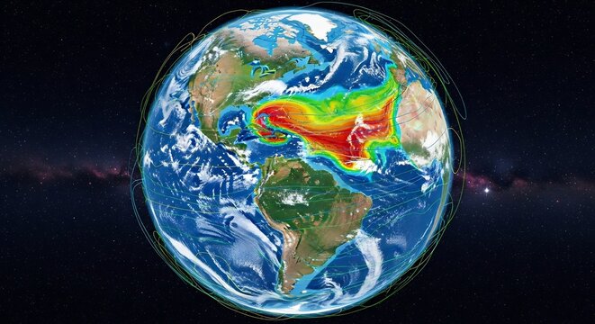 Global Climate Change Visualization Showing Atmospheric Pollution Over Earth.