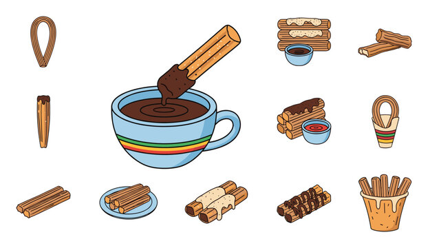Collection of various delicious churros with sweet toppings and dipping sauces presented for snack and dessert concepts on food blogs and restaurant menus