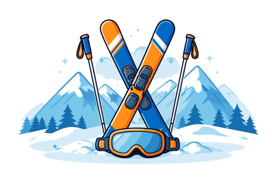 Flat vector illustration of crossed orange and blue skis with poles and goggles in front of snowy mountains and pine trees. Ideal for winter sports, skiing, and outdoor adventure design themes.