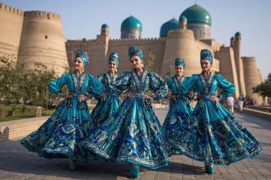 A group of women in traditional Uzbek dresses pose in front of the iconic Kalyan Minaret in Bukhara.