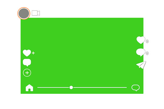 Social Media Video Interface Mockup with Green Screen Background, Featuring Engagement Icons Like Heart, Comment, Share, and Progress Bar for Reels, Stories, and Short Video Content Creation UI UX