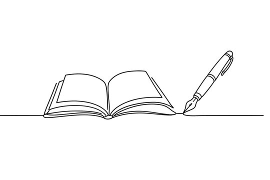 Minimalist One Line Art Illustration of an Open Book and a Fountain Pen for Writing, Education, and Literature. Continuous Line Drawing of a Notebook and Pen for Journaling, Poetry, and Authors.