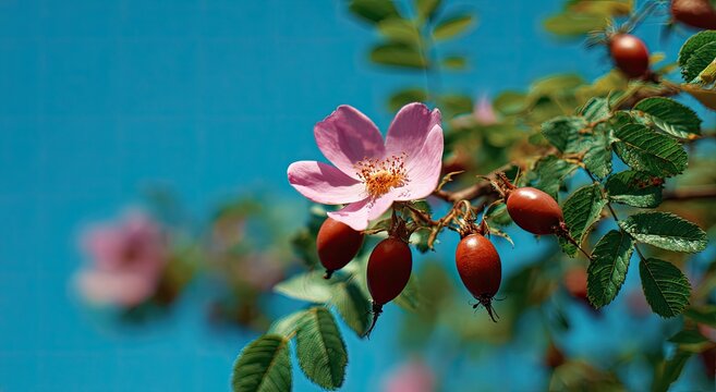 A close-up captures the delicate beauty of a pink rose flower and its developing red rosehips against a vibrant blue background.