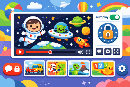 Colorful Kids Streaming Video Player Interface Design with Large Safe Controls, Kid-Friendly Thumbnails, Autoplay Toggle, and Parent Lock. Cute Cartoon Astronaut and Alien Space Theme Vector Art.