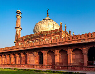Obraz premium View of jama masjid mosque with ornate dome and minaret, New Delhi, India.