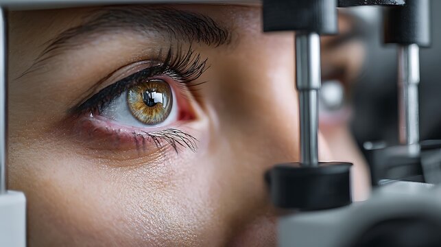 close-up of keratometer device measuring corneal curvature, patient chin on rest, precise alignment with eye,