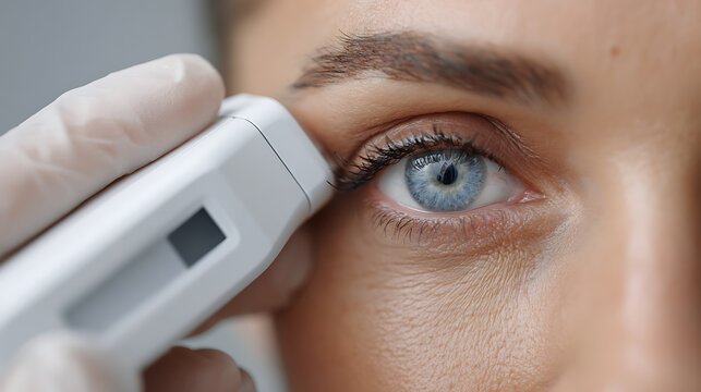 handheld ophthalmology scanner examining patient eye, modern mobile eye care concept,