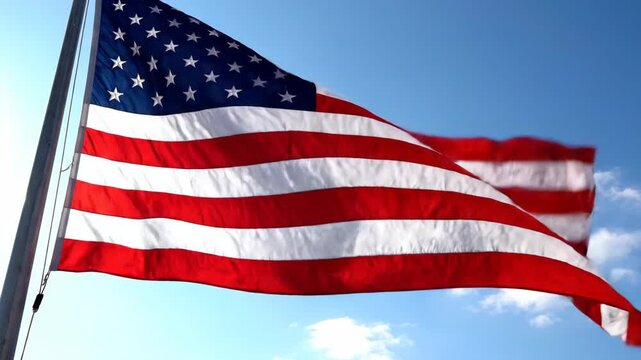 American flag waving against clear blue sky