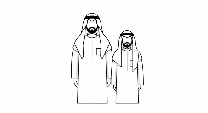 Two Arab men in traditional attire standing together, full body shot.