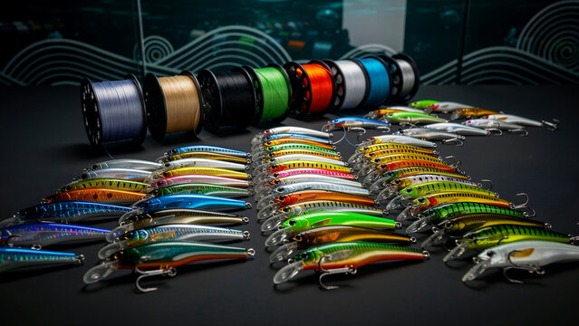 An extensive collection of vibrant multicolored fishing lures arranged in neat rows alongside various spools of high quality braided fishing line providing essential equipment for anglers looking to
