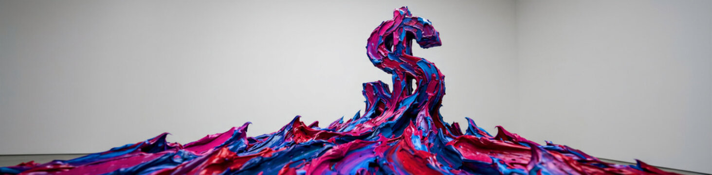 A vivid artistic sculpture in the shape of a large dollar sign crafted with thick impasto paint layers featuring a bold magenta and electric blue color palette that creates a textured and dramatic