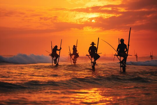Silhouetted fishermen stand poised on traditional stilts against a vibrant sunset over the ocean, showcasing a unique cultural practice.