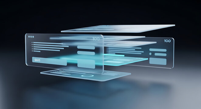 Stacked translucent holographic user interface elements display complex data.