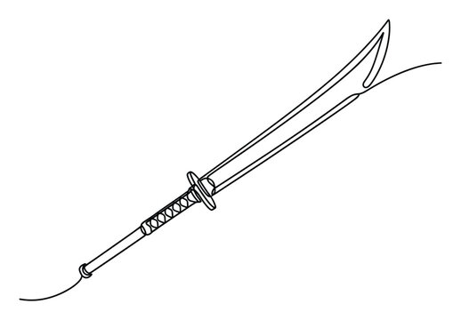 Continuous line drawing of a traditional Asian long handle sword or polearm weapon, perfect for martial arts design projects, educational resources, or minimalist historical displays.