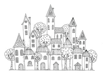 Fototapeta premium Whimsical hand drawn village full of tall quirky houses with pointy roofs and round trees perfect for childrens coloring books activity pages or serene graphic projects.