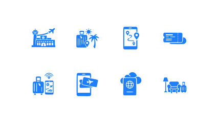 Fototapeta premium Modern travel icons including tickets, bags, and journey elements.