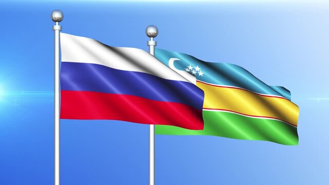 Russia and Karakalpakstan National Flag Waving on Pole Loop