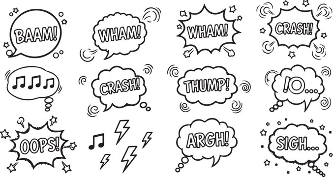 A playful collection of hand-drawn comic book speech bubbles and action onomatopoeia in a minimalist black-and-white line art style.
