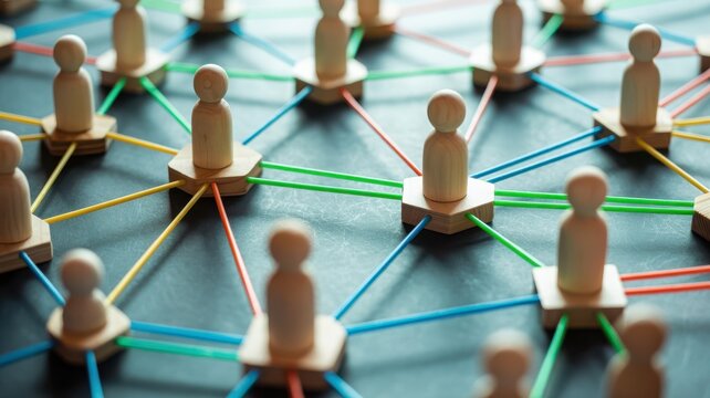 Wooden peg figures are interconnected by colorful strings on a dark surface.