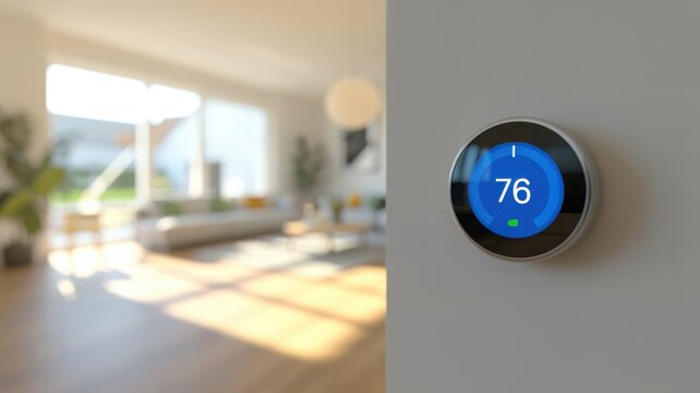 A smart thermostat displays 76 degrees in a modern, sunlit living room.