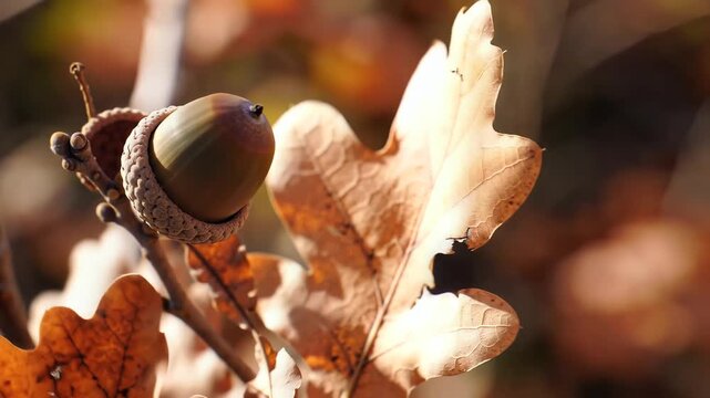 Close up of acorn and oak leaves in autumn forest.