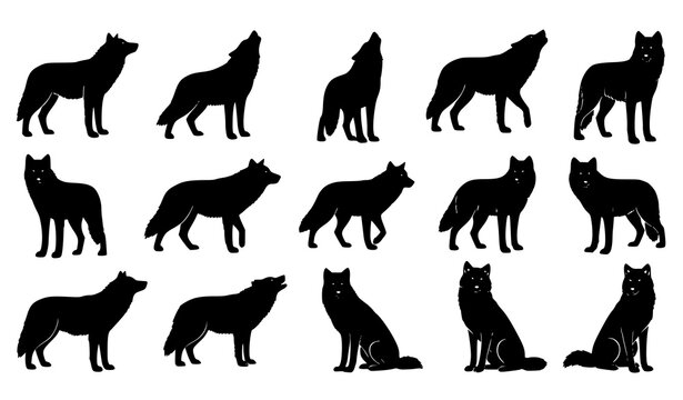 Wolf silhouettes set vector howling standing and walking wolves isolated on white background for tattoo sticker and print design
