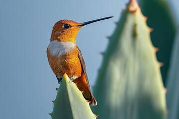 Obraz premium small rufous-orange hummingbird perched on a spiky succulent leaf, alert and serene in soft morning light