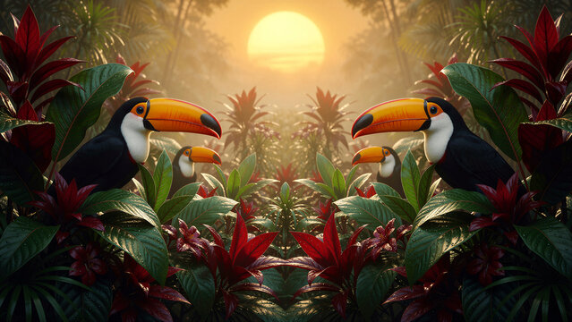 Two majestic toco toucans, featuring vibrant orange beaks and striking black-and-white plumage, perch gracefully amidst lush, dewy tropical foliage, creating a captivating symmetrical wildlife scene