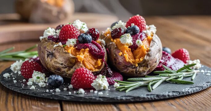 Deliciously plated sweet potatoes topped with fresh berries and herbs on a rustic wooden table