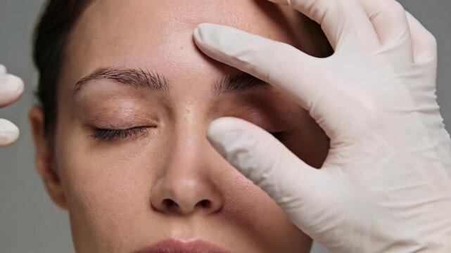 Dermatologist's gloved hands examining woman's forehead for skin analysis and anti-aging treatment.