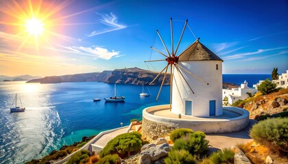 Fototapeta premium Sunlit white windmill overlooking blue Aegean sea and rugged coastline.