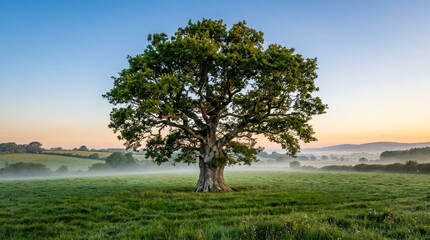 Fototapeta premium Solitary oak tree in green field with morning mist landscape nature scenic outdoor environment