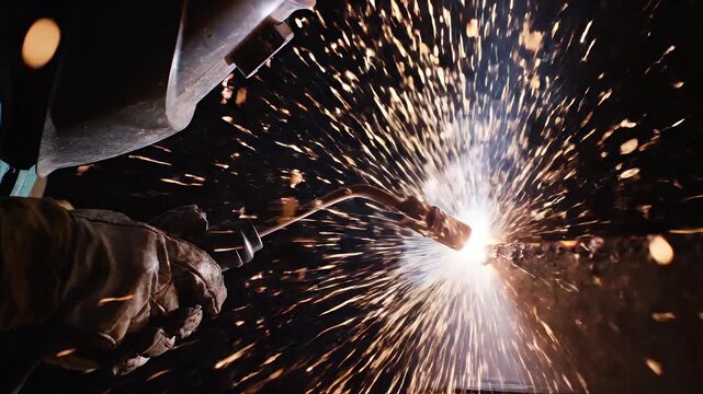 Close-up of a gloved hand welding metal with sparks flying everywhere in a dark background