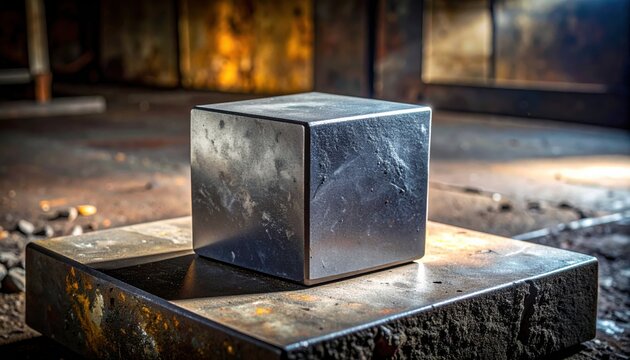 A dense, unpolished tungsten metal cube resting firmly on a heavy-duty industrial platform, showcasing its metallic density and raw form.
