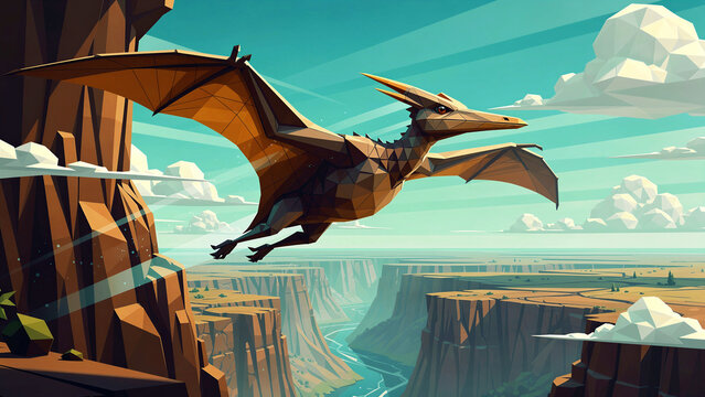 A stylized low poly pterodactyl with sharp geometric wings and a sleek aerodynamic body glides through the air displaying intricate polygonal textures and vibrant colors while capturing a sense of