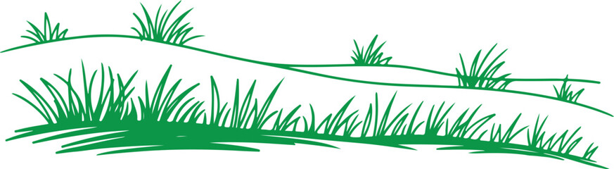 Fototapeta premium A simple green line drawing depicting tufts of grass and rolling meadow hills, isolated on a solid white background.