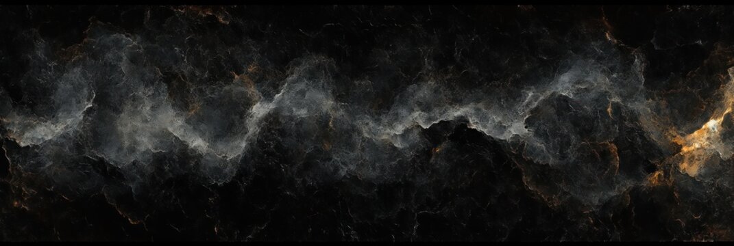 Panoramic dark nebula of wispy silver smoke and glowing golden veins over a black textured background, mysterious and dramatic atmosphere