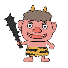 Fototapeta premium Cute cartoon oni demon with spiked club and tiger loincloth