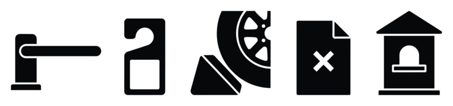 Collection of essential black silhouette icons representing a road barrier, door hanger, car wheel with chock, rejected document, and toll booth for various service and informational