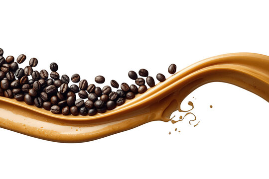 Coffee beans creating a wave in a dynamic caramel liquid splash, combining flavor and motion on transparent background