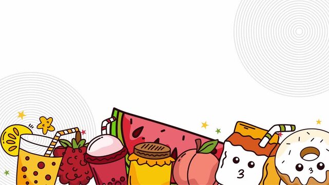 colorful fruit and snack doodle border on simple white background