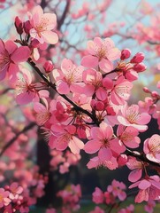 Fototapeta premium close-up of pink cherry blossoms and buds on a branch against a soft blue sky, evoking serene springtime joy