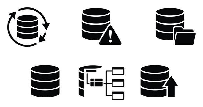 Collection of database management icons depicting data synchronization, error alerts, storage solutions, structural organization, and upload processes for various IT infrastructure