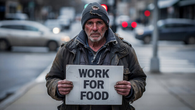 An older, weathered man with a grizzled beard and a tattered beanie, wearing a dirty, worn jacket, holds a cardboard sign on a city street, boldly stating "WORK FOR FOOD," conveying a desperate plea